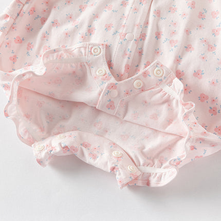 Baby Girls Summer Sweet Pink Floral Print Cotton Lightweight Rompers