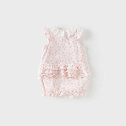 Baby Girls Summer Sweet Pink Floral Print Cotton Lightweight Rompers
