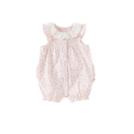 Baby Girls Summer Sweet Pink Floral Print Cotton Lightweight Rompers