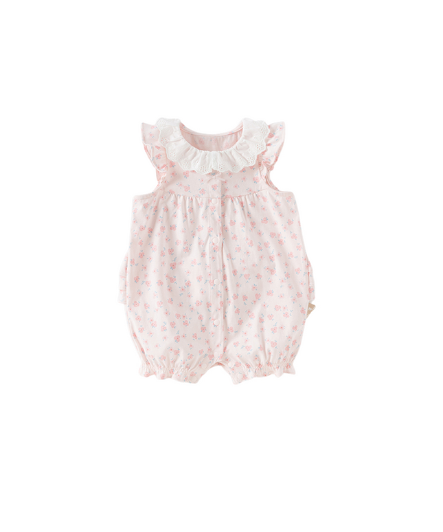 Baby Girls Summer Sweet Pink Floral Print Cotton Lightweight Rompers