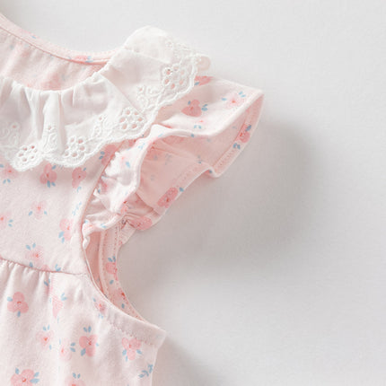 Baby Girls Summer Sweet Pink Floral Print Cotton Lightweight Rompers