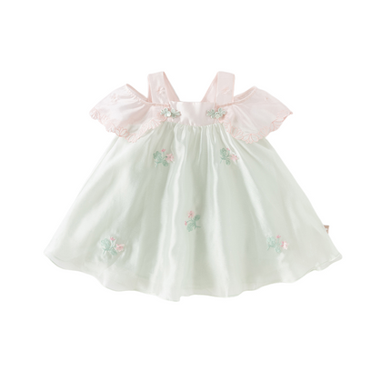 Girls Summer Elegance Strapless Sleeveless Green Mesh A-line Dresses