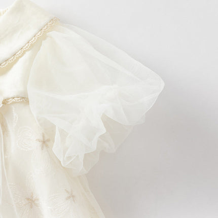 Girls Summer Bubble Sleeve Beige Mesh Dress