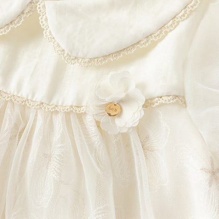 Girls Summer Bubble Sleeve Beige Mesh Dress