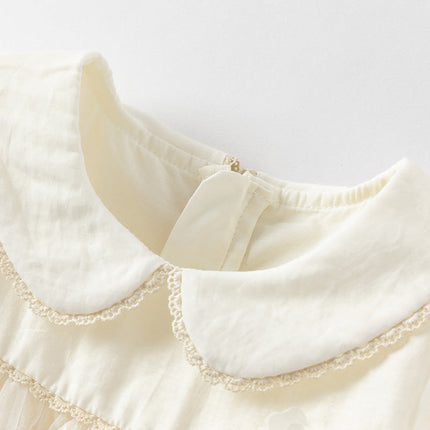 Girls Summer Bubble Sleeve Beige Mesh Dress