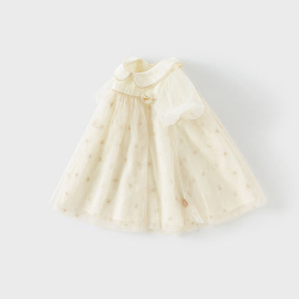 Girls Summer Bubble Sleeve Beige Mesh Dress