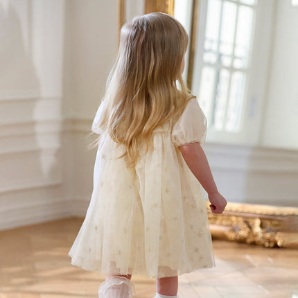 Girls Summer Bubble Sleeve Beige Mesh Dress
