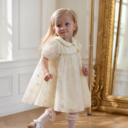 Girls Summer Bubble Sleeve Beige Mesh Dress