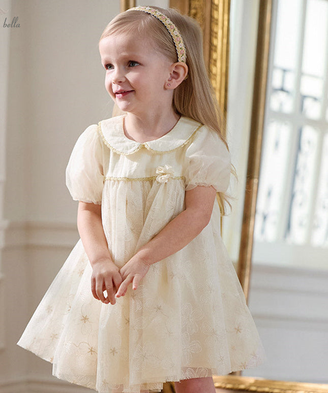 Girls Summer Bubble Sleeve Beige Mesh Dress