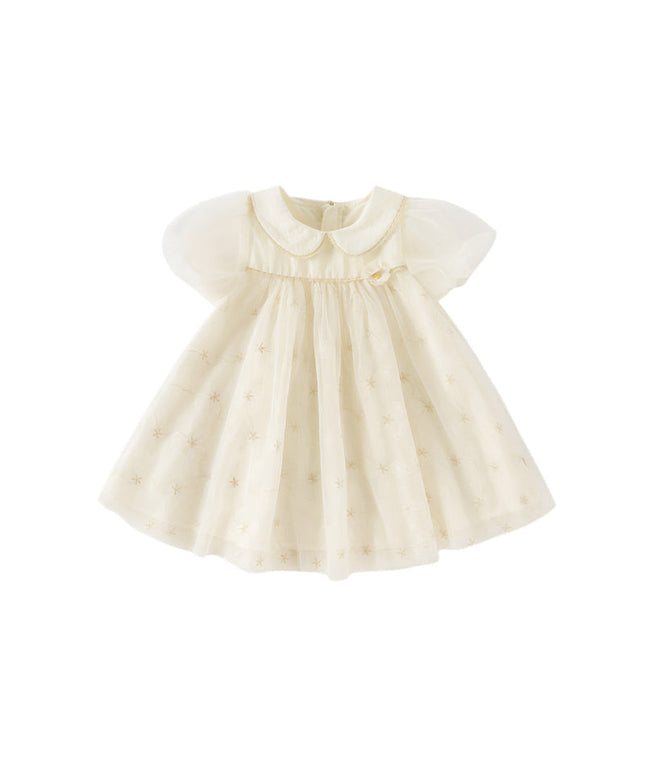 Girls Summer Bubble Sleeve Beige Mesh Dress