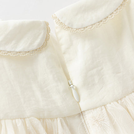 Girls Summer Bubble Sleeve Beige Mesh Dress