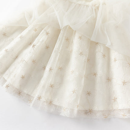 Girls Summer Bubble Sleeve Beige Mesh Dress