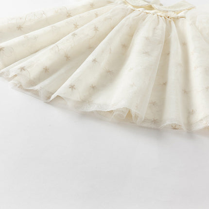 Girls Summer Bubble Sleeve Beige Mesh Dress