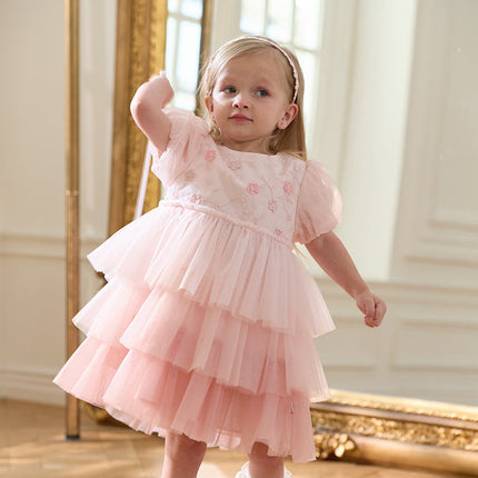 Girls Summer Pink Mesh Princess Cake Dress