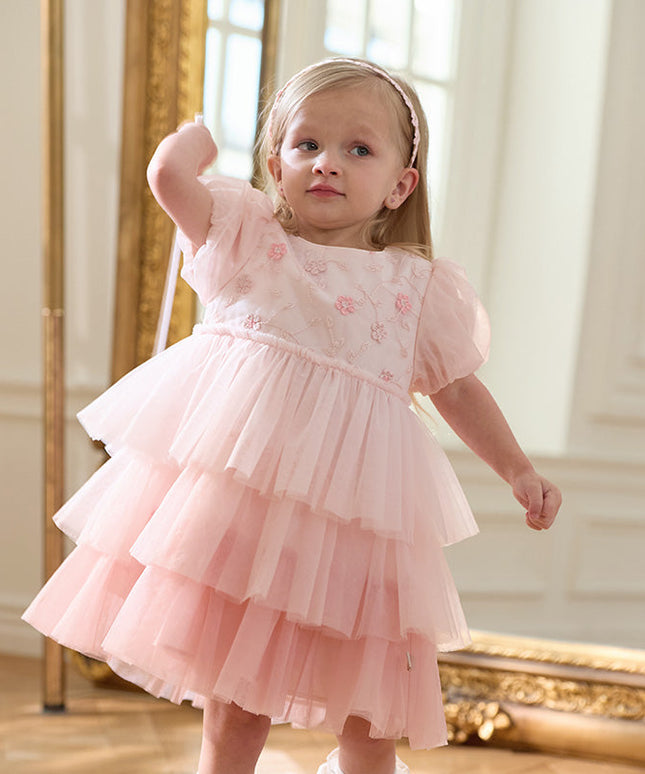 Girls Summer Pink Mesh Princess Cake Dress