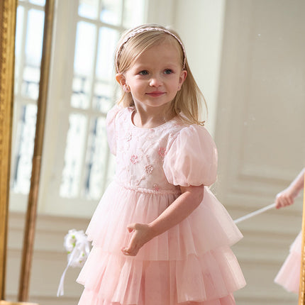 Girls Summer Pink Mesh Princess Cake Dress
