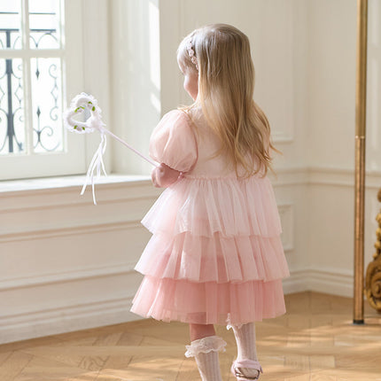 Girls Summer Pink Mesh Princess Cake Dress