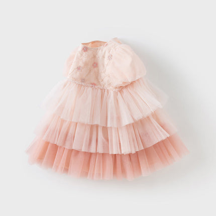 Girls Summer Pink Mesh Princess Cake Dress