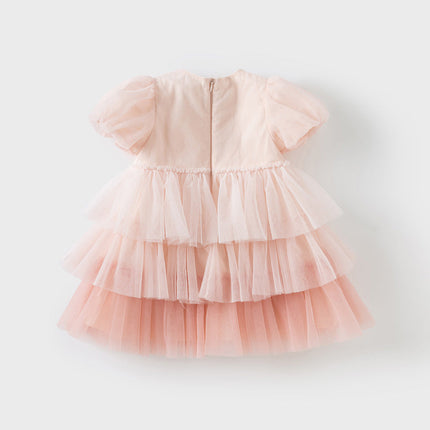 Girls Summer Pink Mesh Princess Cake Dress