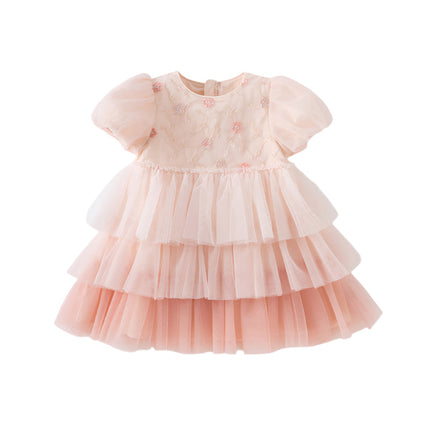 Girls Summer Pink Mesh Princess Cake Dress