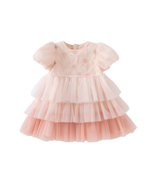 Girls Summer Pink Mesh Princess Cake Dress