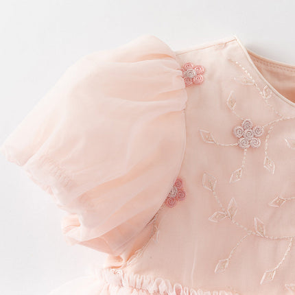 Girls Summer Pink Mesh Princess Cake Dress