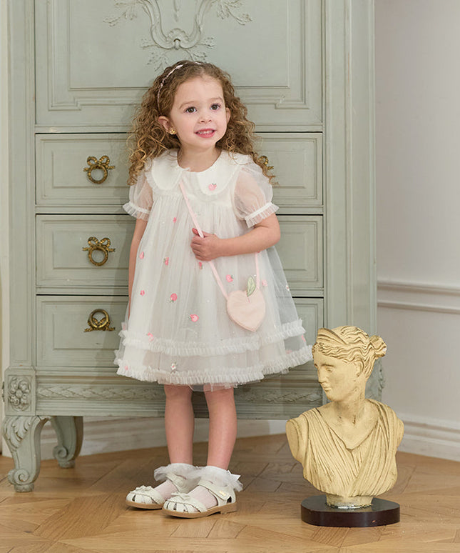 Toddler Girls Summer Beige Bubble Sleeve Mesh Birthday Dress (wallet bag)