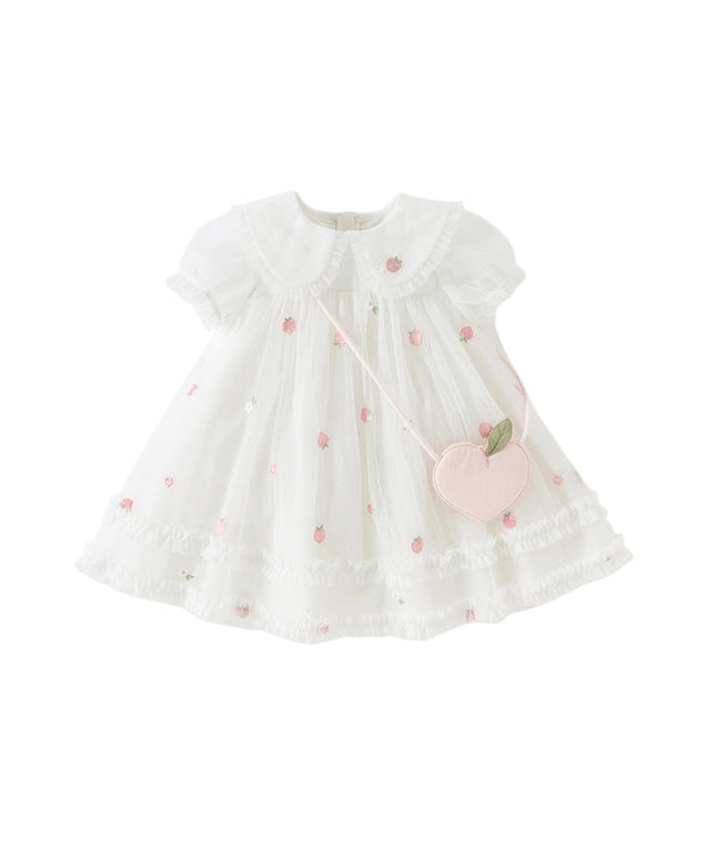 Toddler Girls Summer Beige Bubble Sleeve Mesh Birthday Dress (wallet bag)