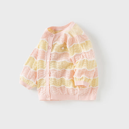 Kids Girls Summer Adorable Yellow Pink Striped Comfortable Cotton Cardigans
