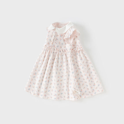 Girls Summer Pink Floral Print Doll Collar Sweet Dress