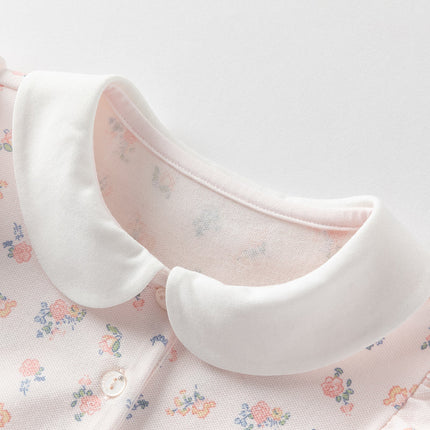 Girls Summer Pink Floral Print Doll Collar Sweet Dress