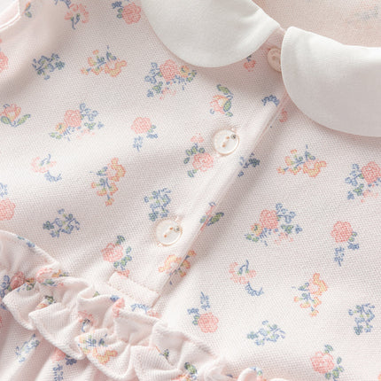 Girls Summer Pink Floral Print Doll Collar Sweet Dress