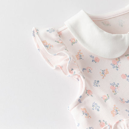 Girls Summer Pink Floral Print Doll Collar Sweet Dress