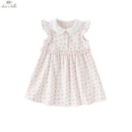 Girls Summer Pink Floral Print Doll Collar Sweet Dress