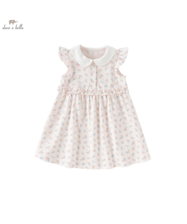 Girls Summer Pink Floral Print Doll Collar Sweet Dress