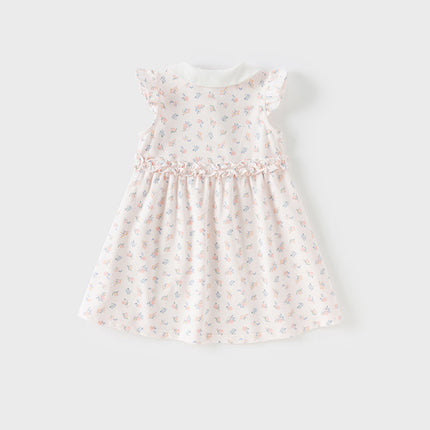 Girls Summer Pink Floral Print Doll Collar Sweet Dress