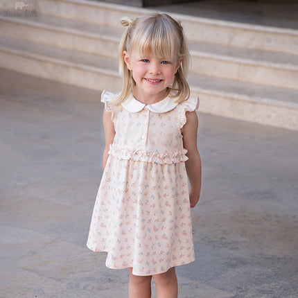 Girls Summer Pink Floral Print Doll Collar Sweet Dress