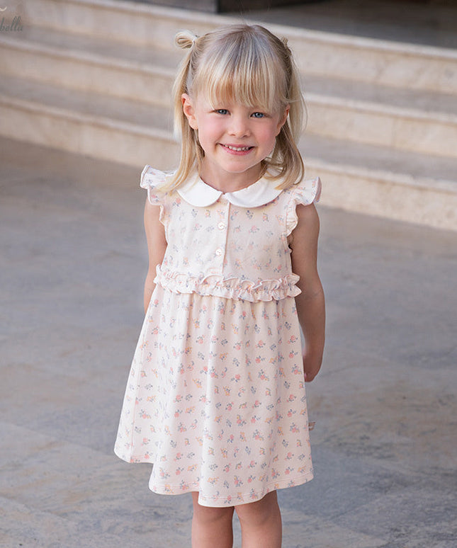 Girls Summer Pink Floral Print Doll Collar Sweet Dress