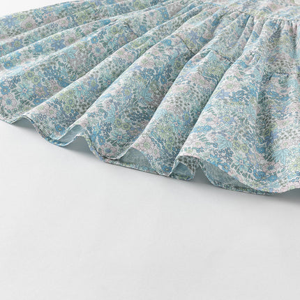Girls Summer Blue Floral Print Bubble Sleeve Dress