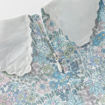Girls Summer Blue Floral Print Bubble Sleeve Dress