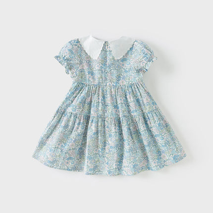 Girls Summer Blue Floral Print Bubble Sleeve Dress