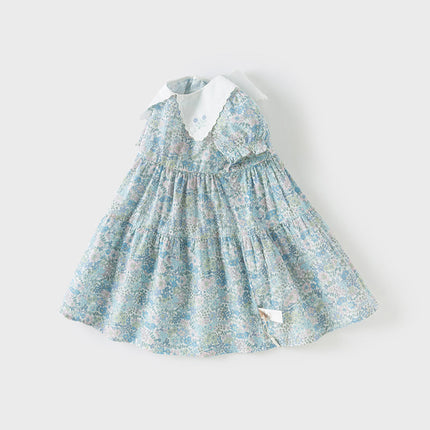 Girls Summer Blue Floral Print Bubble Sleeve Dress