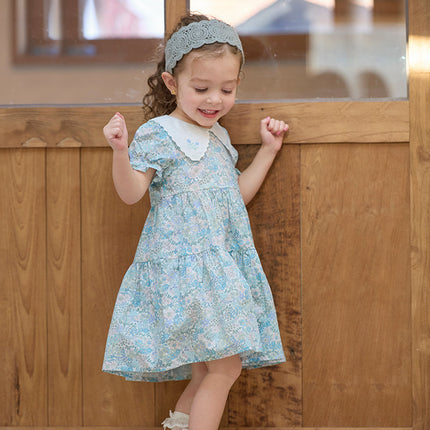 Girls Summer Blue Floral Print Bubble Sleeve Dress