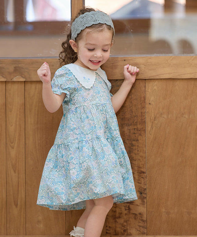 Girls Summer Blue Floral Print Bubble Sleeve Dress