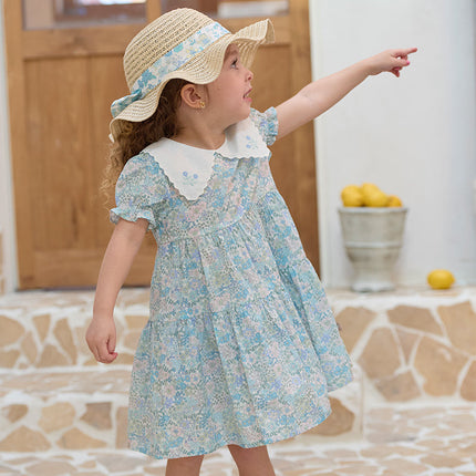Girls Summer Blue Floral Print Bubble Sleeve Dress
