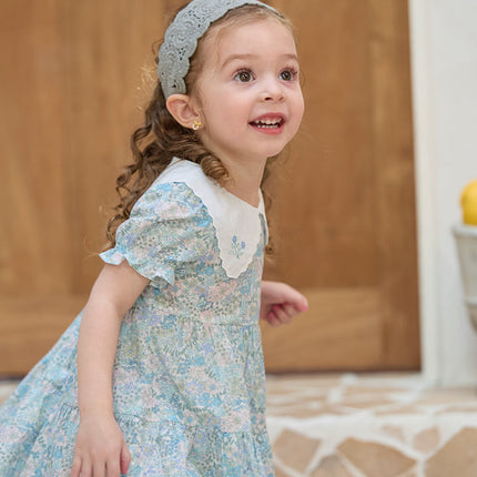 Girls Summer Blue Floral Print Bubble Sleeve Dress