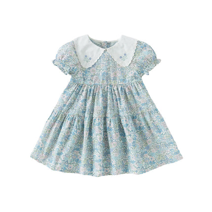 Girls Summer Blue Floral Print Bubble Sleeve Dress