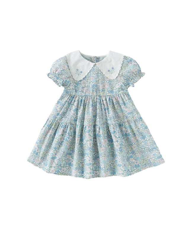 Girls Summer Blue Floral Print Bubble Sleeve Dress