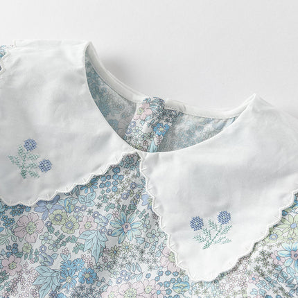 Girls Summer Blue Floral Print Bubble Sleeve Dress