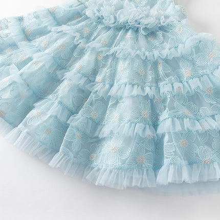 Girls Summer Light Blue Sleeveless Lace Mesh Dress (hair band)